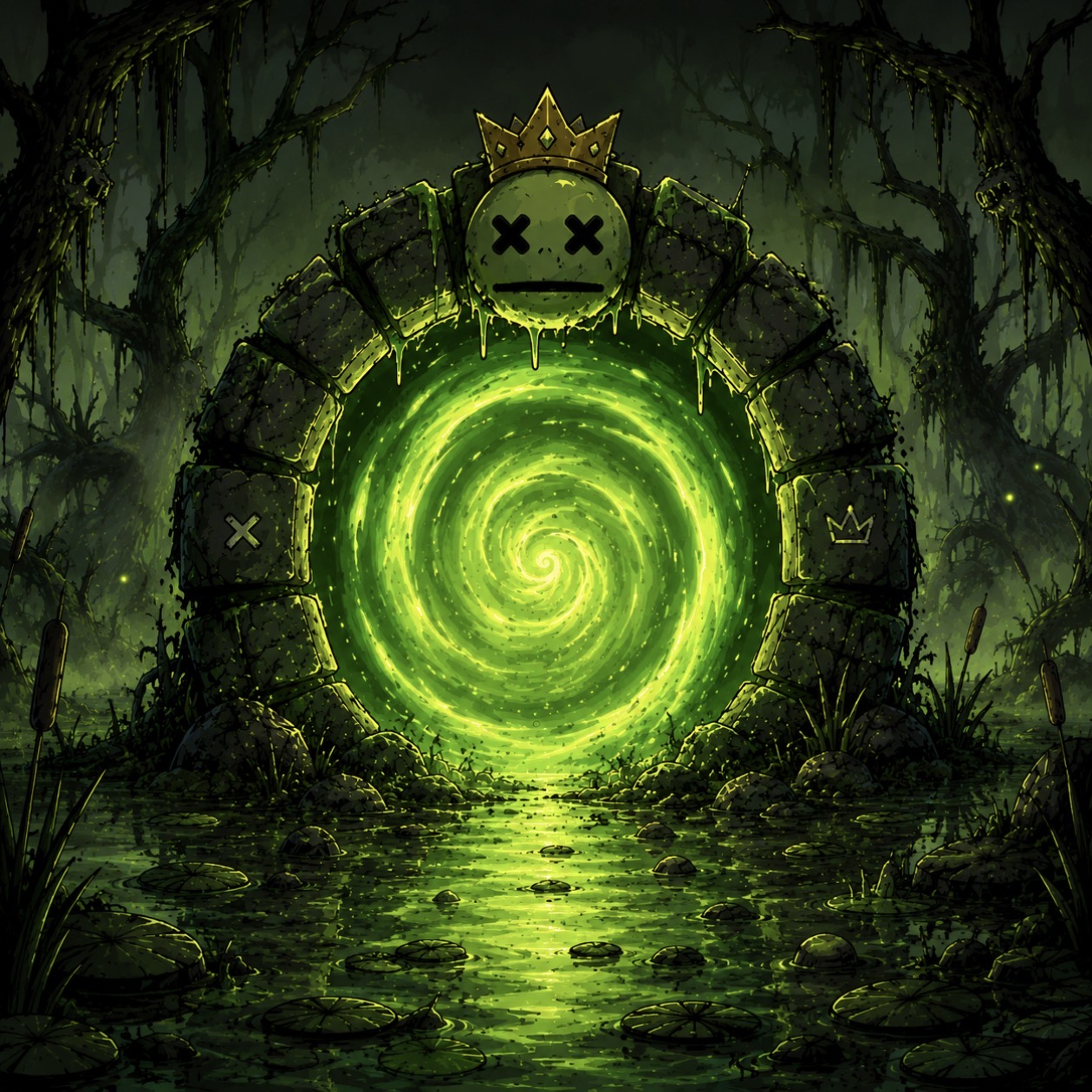 The Portal of No Return glowing green in the swamp